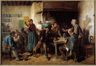 Maandag. Klanten aan een tafel in een herberg door Jules Breton