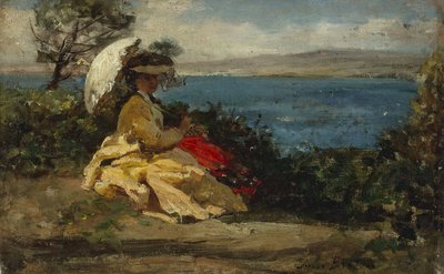 Vrouw met parasol, Baai van Douarnenez, tussen 1870 en 1875 door Jules Breton