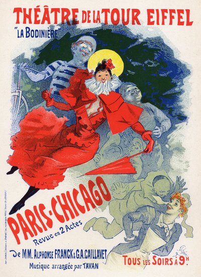 Kunst. Amusement. Parijs Chicago, variétéshow in het Theatre de la Tour Eiffel. Poster door Jules Cheret, Frankrijk, c.1890 door Jules Cheret