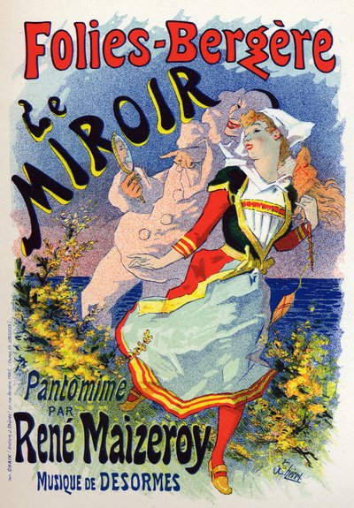 Kunst. Vermaak. De spiegel, mimeshow in het cabaret Les Folies Bergeres, Parijs. Poster door Jules Cheret, Frankrijk, ca. 1890 (poster) door Jules Cheret