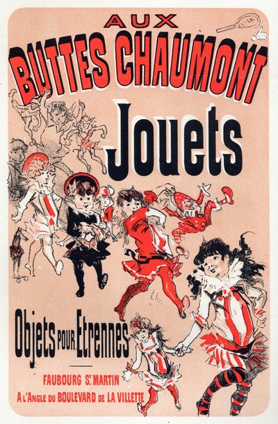 Economie. Aux Buttes Chaumont, speelgoedwinkel in Parijs. Poster door Jules Cheret, Frankrijk, ca.1880 (poster) door Jules Cheret