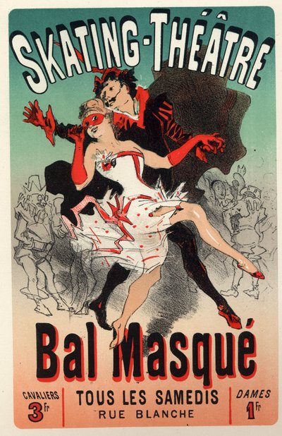 Vermaak. Theater. Gemaskerd bal in het Skating Theatre, Parijs. Poster door Jules Cheret, Frankrijk, ca.1875 (poster) door Jules Cheret