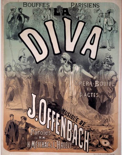 Poster voor de operette Diva op muziek gezet door Jacques Offenbach (1819-1880) bij de Parijse Bouffes door Jules Cheret