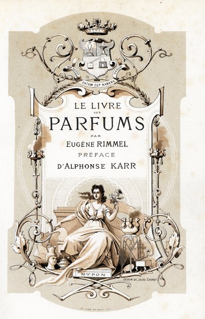 Titelpagina met een wapenschild en een vrouw die een roos vasthoudt, zittend op een troon - Illustratie door Jules Cheret (1836-1932) uit Le Livre des Parfums door Eugene Rimmel (1820-1887), Frankrijk door Jules Cheret