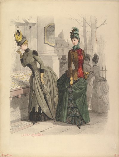 Twee Vrouwen in Dagjurken: Voorbereidende tekening voor een modeplaat, 19 oktober 1886 door Jules David