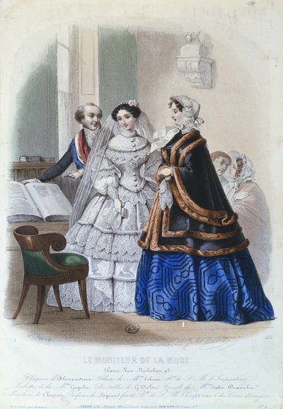 Trouwjurk, modeplaat uit Le Moniteur de la Mode, 1854 door Jules David