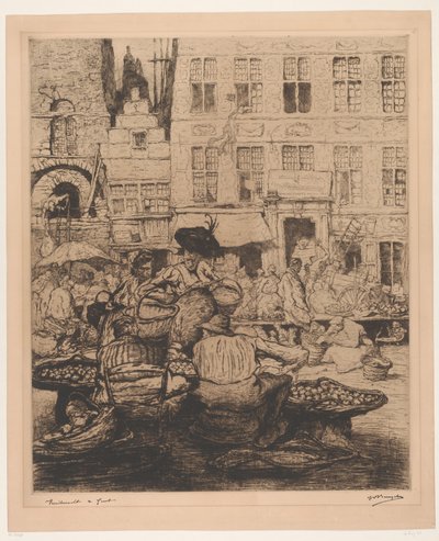 Stadsgezicht met fruitmarkt in Gent door Jules De Bruycker (signed by artist)