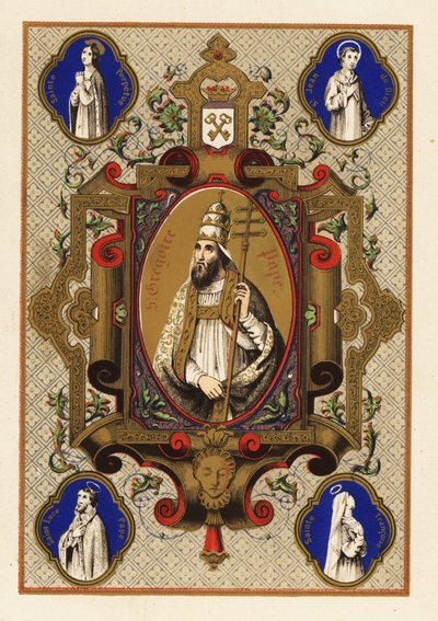 Portret van Sint Gregorius, Paus Gregorius I, met triregnum of driekroon, en Pauselijke ferula, binnen een decoratieve rand door Jules Desportes