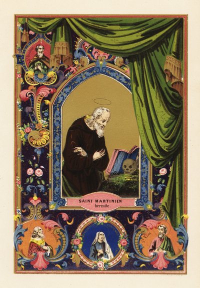 Portret van Sint Martinianus, kluizenaar van Caesarea in Palestina, met halo, lezende Bijbel leunend tegen een menselijke schedel, binnen decoratieve rand van gordijnen en loof door Jules Desportes