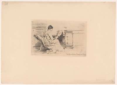 Vrouw met waaier in lage stoel door Jules Ferdinand Jacquemart (attributed to)