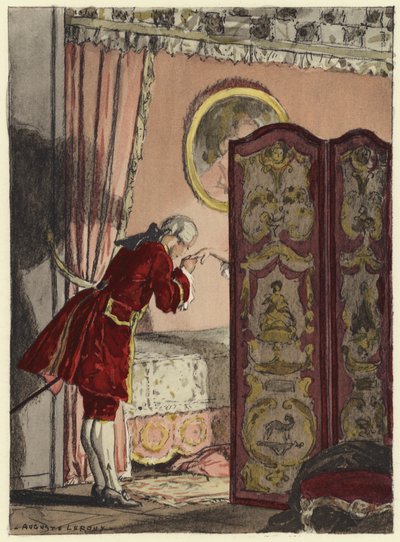 Illustratie voor memoires van Casanova (kleurenlitho) door Jules Marie Auguste Leroux