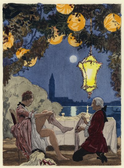 Illustratie voor memoires van Casanova (kleurenlitho) door Jules Marie Auguste Leroux