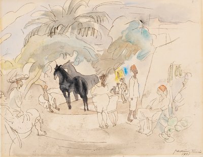Figuren en twee paarden in een landschap, 1921 door Jules Pascin
