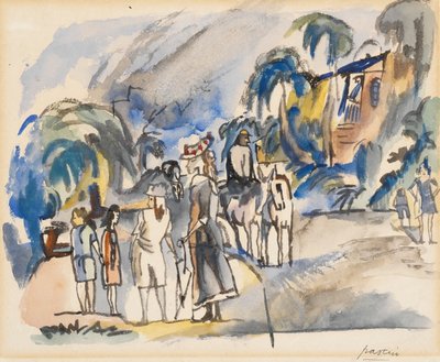 Zuidelijk landschap met moeder en kinderen door Jules Pascin