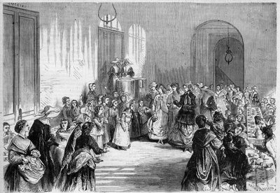 De keizerin Eugenie de Montijo (1826-1920), echtgenote van Napoleon III, woont de kindermaaltijd bij in de refter van het ziekenhuis Eugene Napoleon nabij de Barriere du Trone in Parijs. Naar een tekening van Jules Pelcoq. Gravure in 