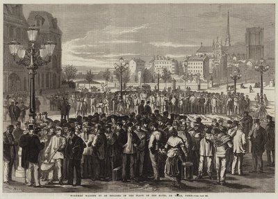 Arbeiders wachten om aangenomen te worden op de Plaats van het Hotel de Ville, Parijs door Jules Pelcoq