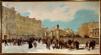 Houtwerf om te verbranden boulevard du Montparnasse in januari 1871 - Straatscène in Parijs door Jules and Guiaud Jacques  Didier