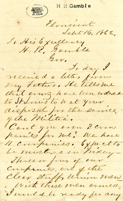 Brief ondertekend door Julian Bates, Florissant, aan Zijne Excellentie H.R. Gamble, 16 september 1862 door Julian Bates