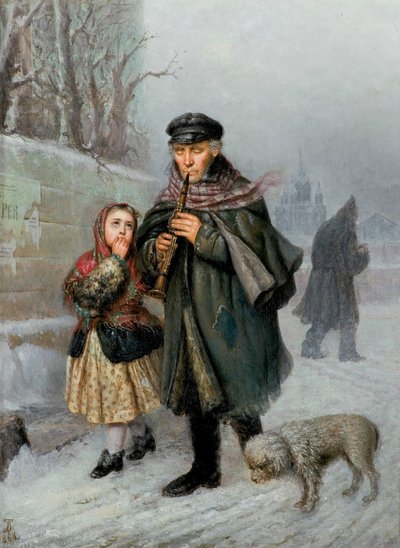 Klarinettist - Straatbeeld uit Sint Petersburg (Bedelaarsklarinettist met meisje en hond). door Julian Bończa Tomaszewski