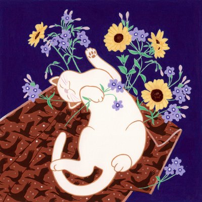 Speelse kat en zonnebloemen door Julie Lesouef