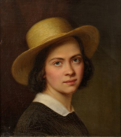 Ests: "Zelfportret (met strohoed)". door Julie Wilhelmine Hagen-Schwarz