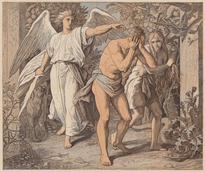Adam en Eva verdreven uit het Paradijs, Genesis, III, 23, 24 door Julius (after) Schnorr von Carolsfeld
