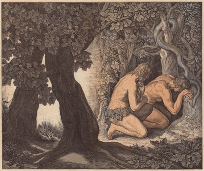 Adam en Eva verbergen zich in de tuin, Genesis, III, 8 (gekleurde gravure) door Julius (after) Schnorr von Carolsfeld