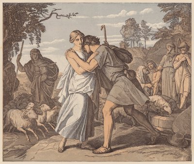 Jacob en Rachel bij de Bron, Genesis, XXIX door Julius (after) Schnorr von Carolsfeld