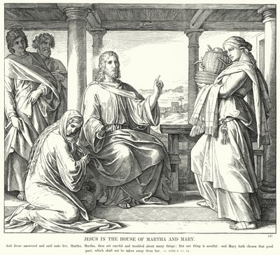 Jezus in het Huis van Martha en Maria (gravure) door Julius (after) Schnorr von Carolsfeld
