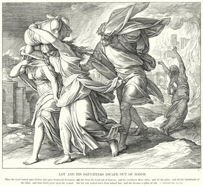 Lot en zijn Dochters Ontsnappen uit Sodom (gravure) door Julius (after) Schnorr von Carolsfeld