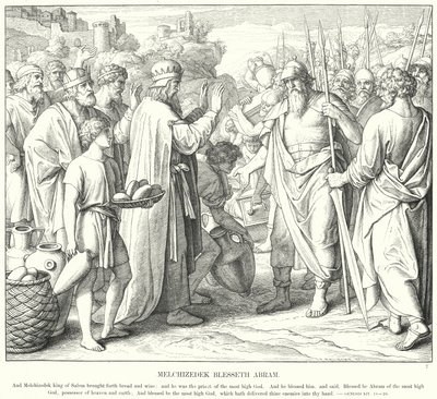 Melchizedek Zegent Abram (gravure) door Julius (after) Schnorr von Carolsfeld