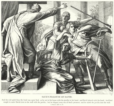 Sauls Jaloezie op David (gravure) door Julius (after) Schnorr von Carolsfeld