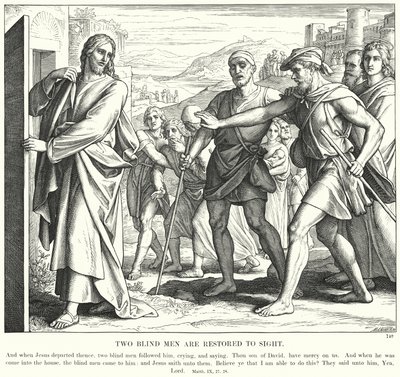 Twee Blinden Worden Genezen (gravure) door Julius (after) Schnorr von Carolsfeld