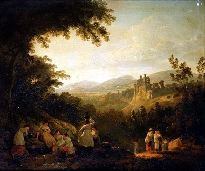 Een Bebost Landschap met Wasvrouwen bij een Fontein door Julius Caesar Ibbetson