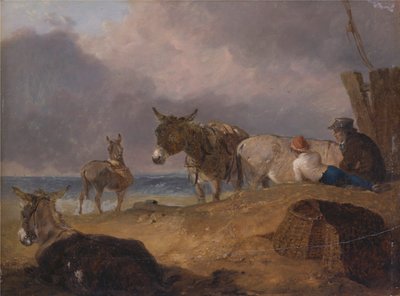 Ezels en Figuren op een Strand door Julius Caesar Ibbetson