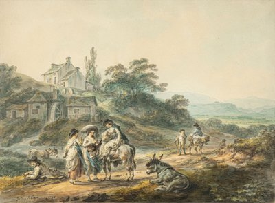Figuren op een pad bij een molen door Julius Caesar Ibbetson