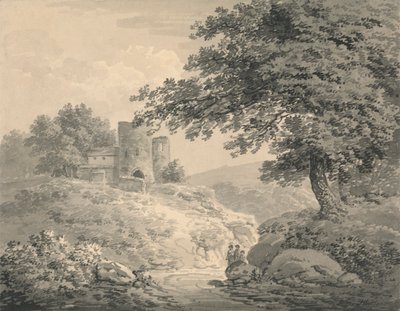 Landschap met een verwoeste toren door Julius Caesar Ibbetson