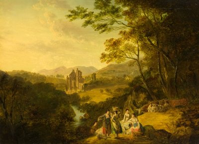 Rosslyn Kasteel met Wasvrouwen en Vee door Julius Caesar Ibbetson