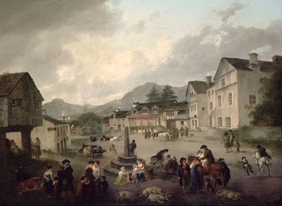 De Markt in Ambleside door Julius Caesar Ibbetson