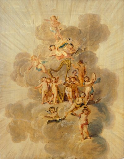 Gevleugelde cherubijnen met muziekinstrumenten, sectie van de decoratieve rand van de muziekkamer, Kenwood House, Londen door Julius Caesar Ibbetson