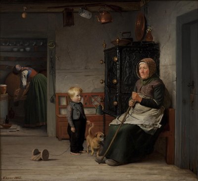 Een arme vrouw die wacht op een kruik bier in een boerenhuis door Julius Exner