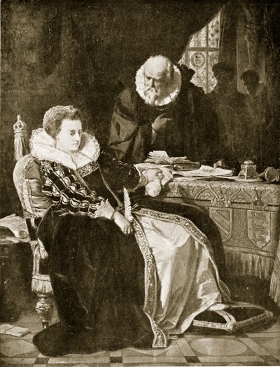Elizabeth ondertekent het doodvonnis van Mary, illustratie uit 