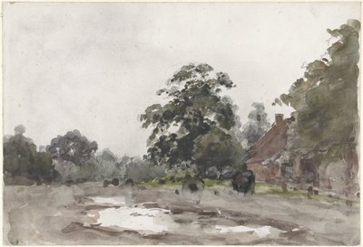 Boerderij onder hoge bomen met water op de voorgrond door Julius Jacobus van de Sande Bakhuyzen