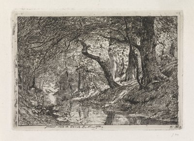 Boslandschap met beek en bomen op oever door Julius Jacobus van de Sande Bakhuyzen