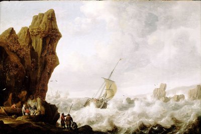 Een vissersboot met twee masten (hoeker) in woeste zeeën, ingeklemd in een doorgang omgeven door een kustlijn van steile rotsen (ca. 1620) door Julius Porcellis