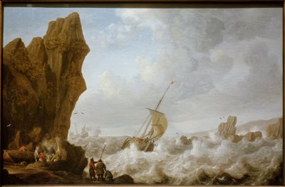 Vissersboot in stormachtige zee voor een rotsachtige kust door Julius Porcellis