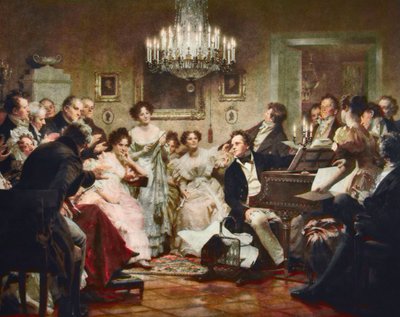 Franz Schubert (1797-1828) aan de piano tijdens een Schubertavond in een Weense salon - gravure naar Julius Schmid (1854-1935) door Julius Schmid