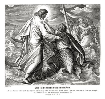 Jezus en Petrus lopen op water door Julius Schnorr von Carolsfeld
