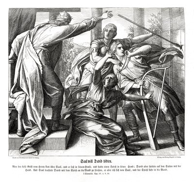 Saul probeert David te doden door Julius Schnorr von Carolsfeld