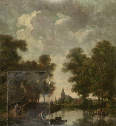 Behangselschildering met een Hollands landschap met rivier door Jurriaan Andriessen (attributed to)